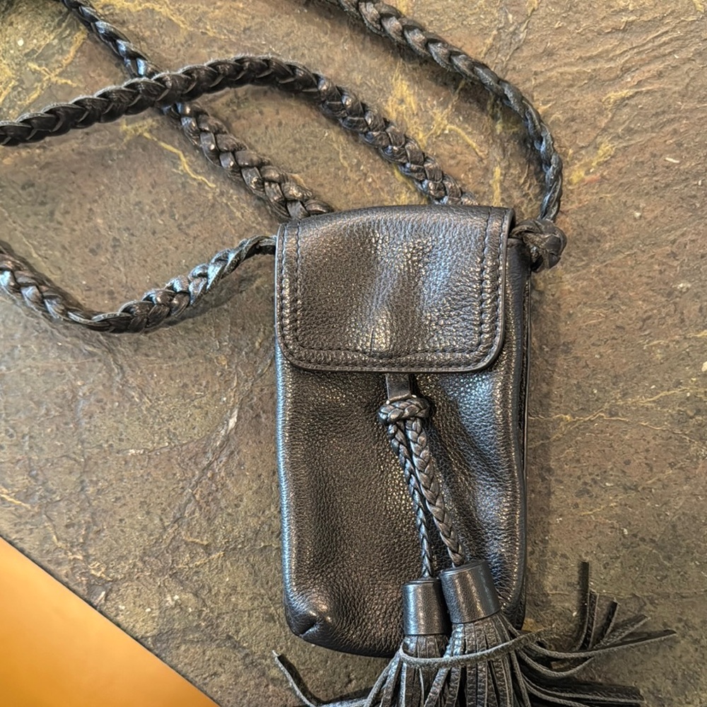 Black Leather Crossbody Bag with Tassels